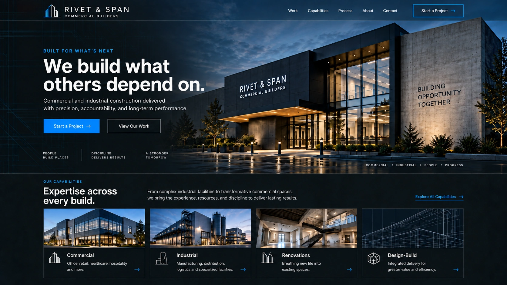 Rivet & Span Commercial Builders website after the rebuild