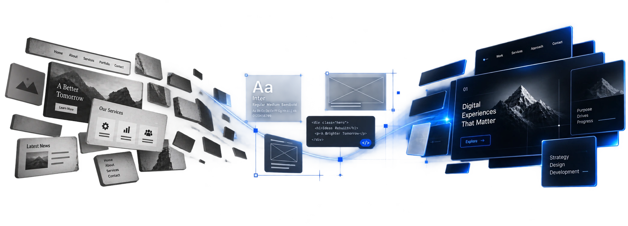 An outdated website breaking apart and being rebuilt into a modern one