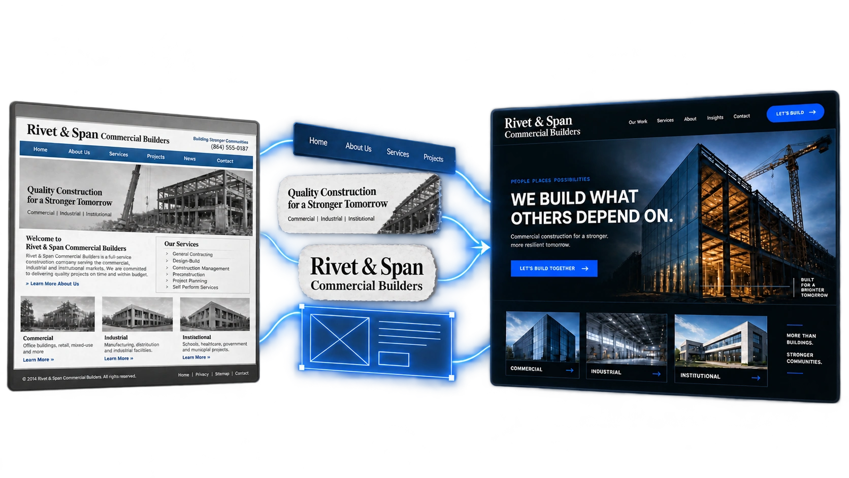 An outdated Rivet & Span Commercial Builders website dismantled into its parts and rebuilt as a modern site